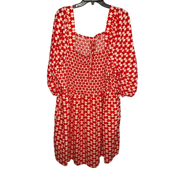 Ava & Viv Red & White Smocked Midi Dress Size 4X Puff Sleeves & Square Neckline - Picture 1 of 10